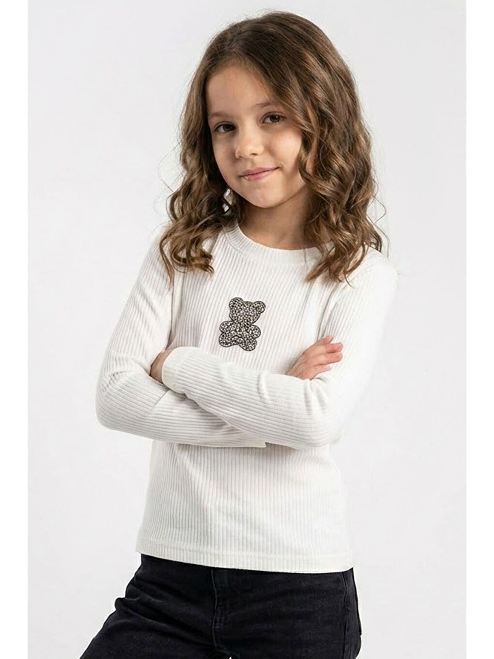 Kız Çocuk Uzun Kollu Tişört Taşlı Işıltılı Ayıcık Aplike Armalı Ekru (5-10 Yaş)-1