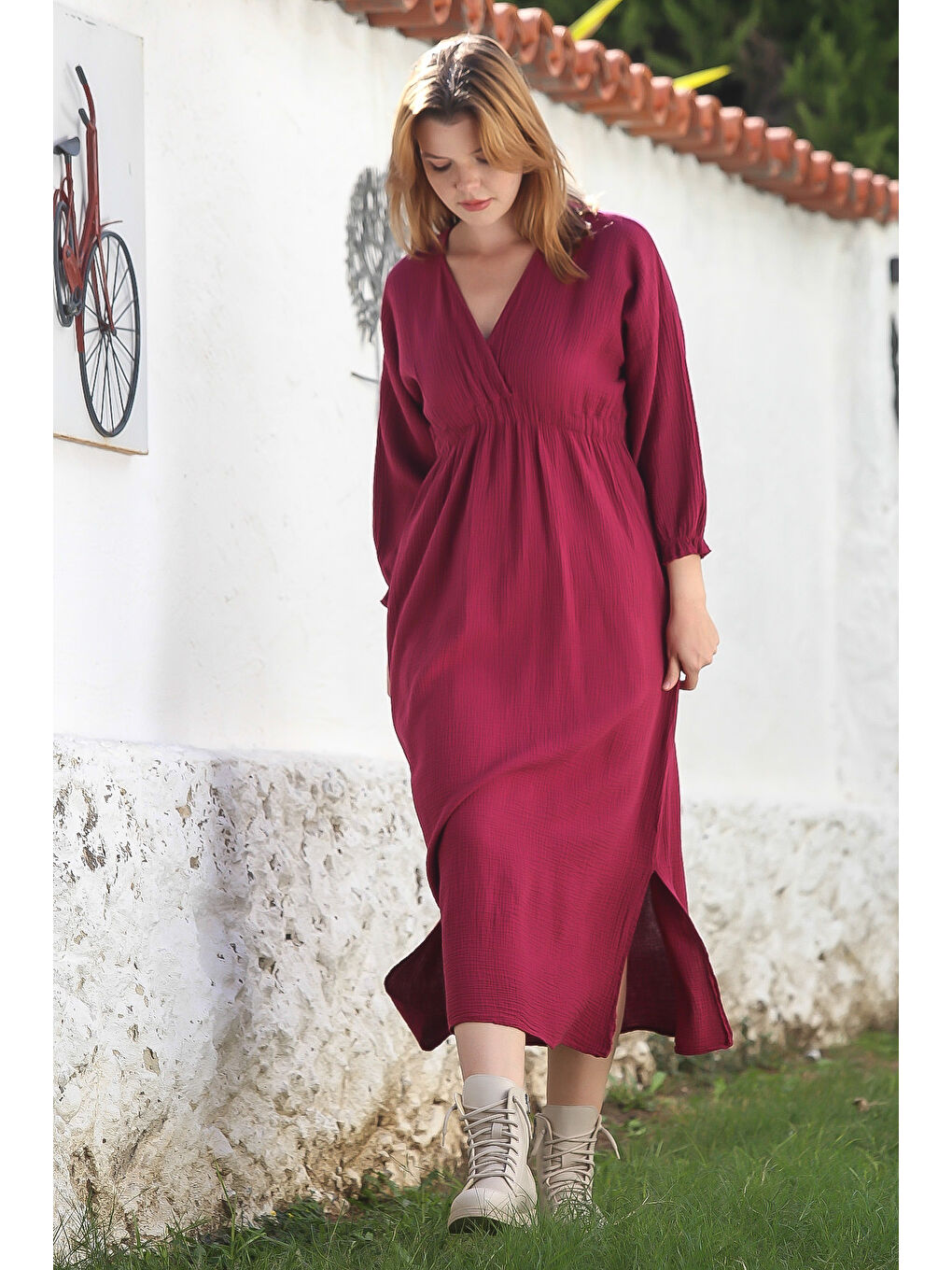 Bordo Rengi Kruvaze Yaka Büzgülü Kol Casual Midi Boy Dokuma Elbise 120 60-1