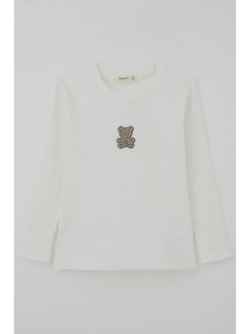 Kız Çocuk Uzun Kollu Tişört Taşlı Işıltılı Ayıcık Aplike Armalı Ekru (5-10 Yaş)-2
