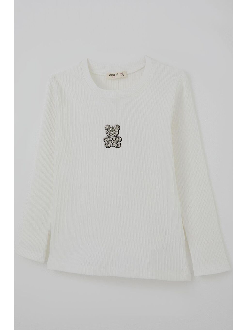 Kız Çocuk Uzun Kollu Tişört Taşlı Işıltılı Ayıcık Aplike Armalı Ekru (5-10 Yaş)-4