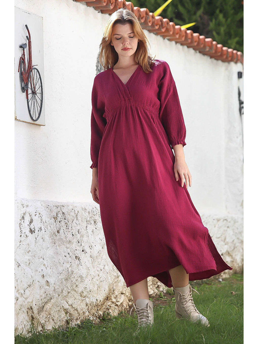 Bordo Rengi Kruvaze Yaka Büzgülü Kol Casual Midi Boy Dokuma Elbise 120 60-2
