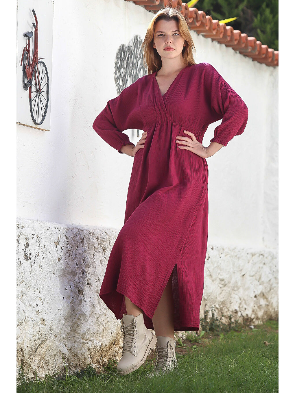 Bordo Rengi Kruvaze Yaka Büzgülü Kol Casual Midi Boy Dokuma Elbise 120 60-3