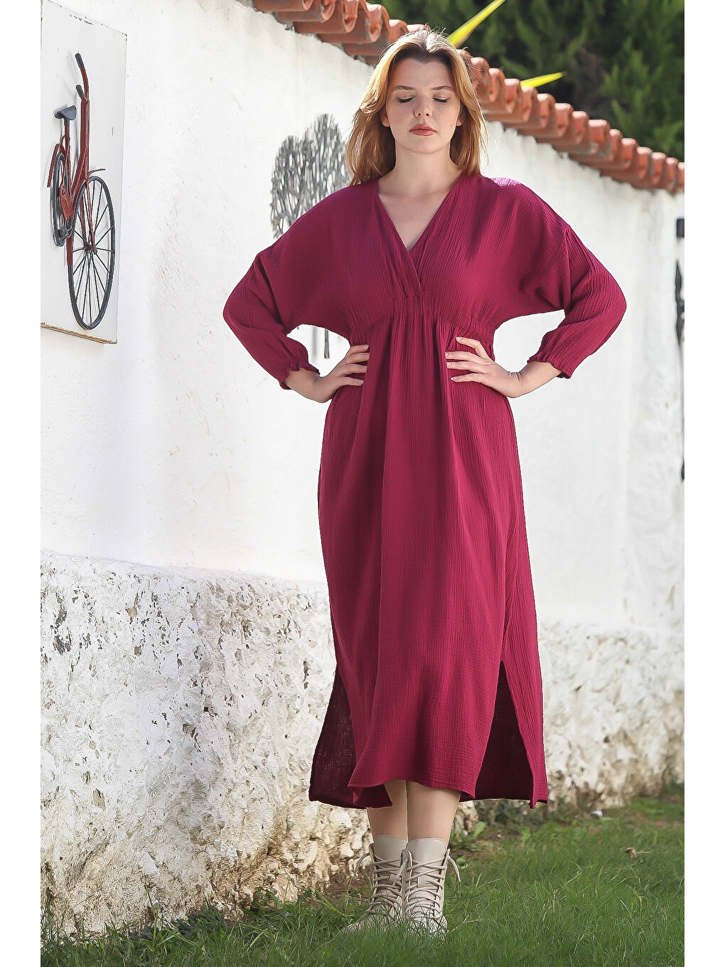 Bordo Rengi Kruvaze Yaka Büzgülü Kol Casual Midi Boy Dokuma Elbise 120 60-4