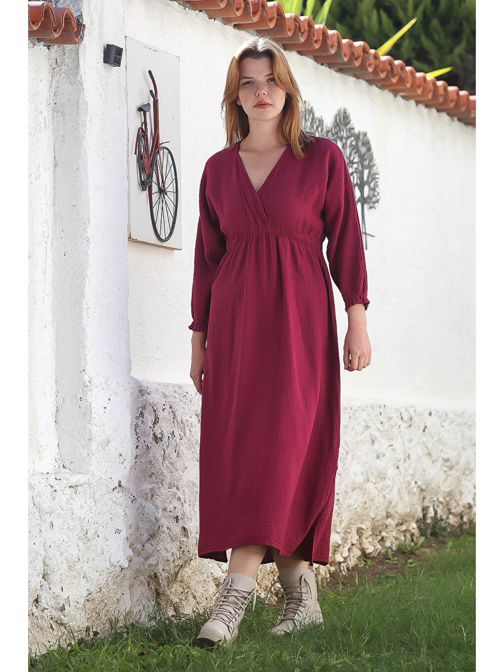 Bordo Rengi Kruvaze Yaka Büzgülü Kol Casual Midi Boy Dokuma Elbise 120 60-6