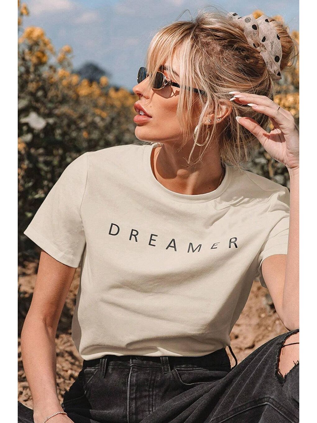 uyguntarz Bej Unisex Dreamer Baskılı Oversize Tshirt