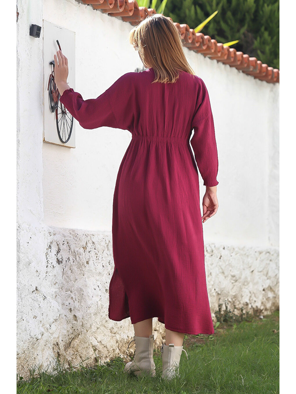 Bordo Rengi Kruvaze Yaka Büzgülü Kol Casual Midi Boy Dokuma Elbise 120 60-7