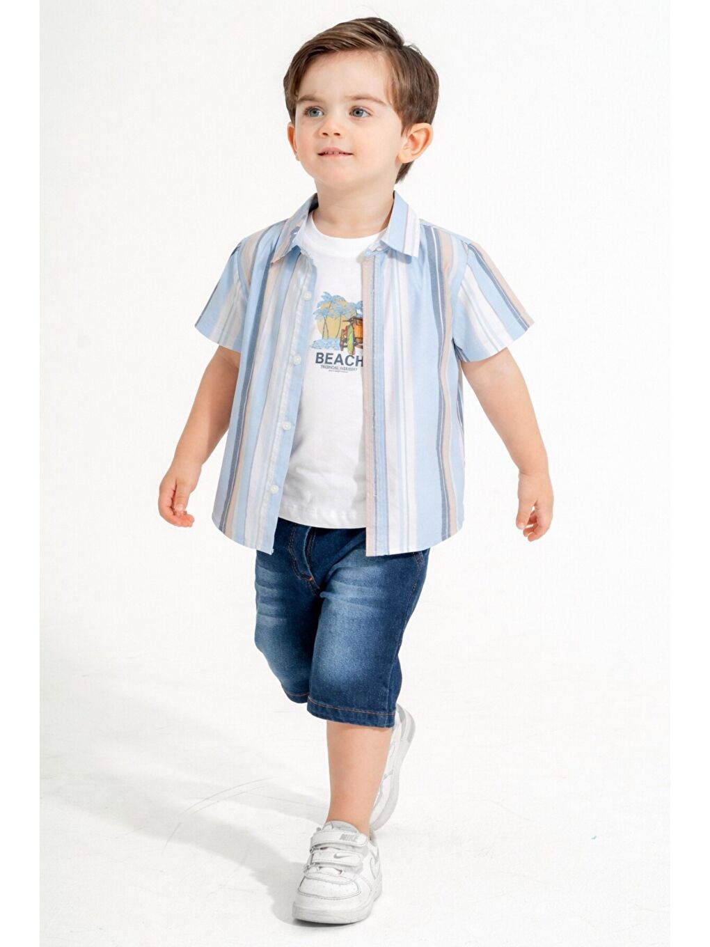 Mavi Tarz Gömlekli Çizgili Belden Ayarlanabilir Kısa Kollu Şortlu 3'lü Takım Çocuk ve Bebek Giyim Öz