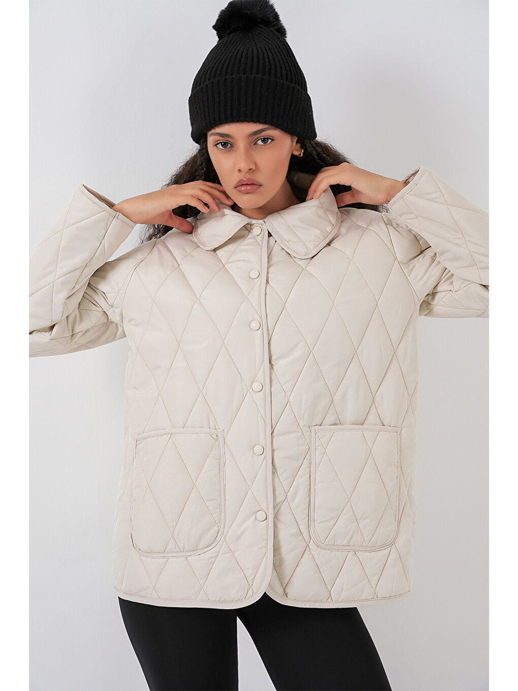 Kadın Kapitone Oversize Mont 5226 - Ekru