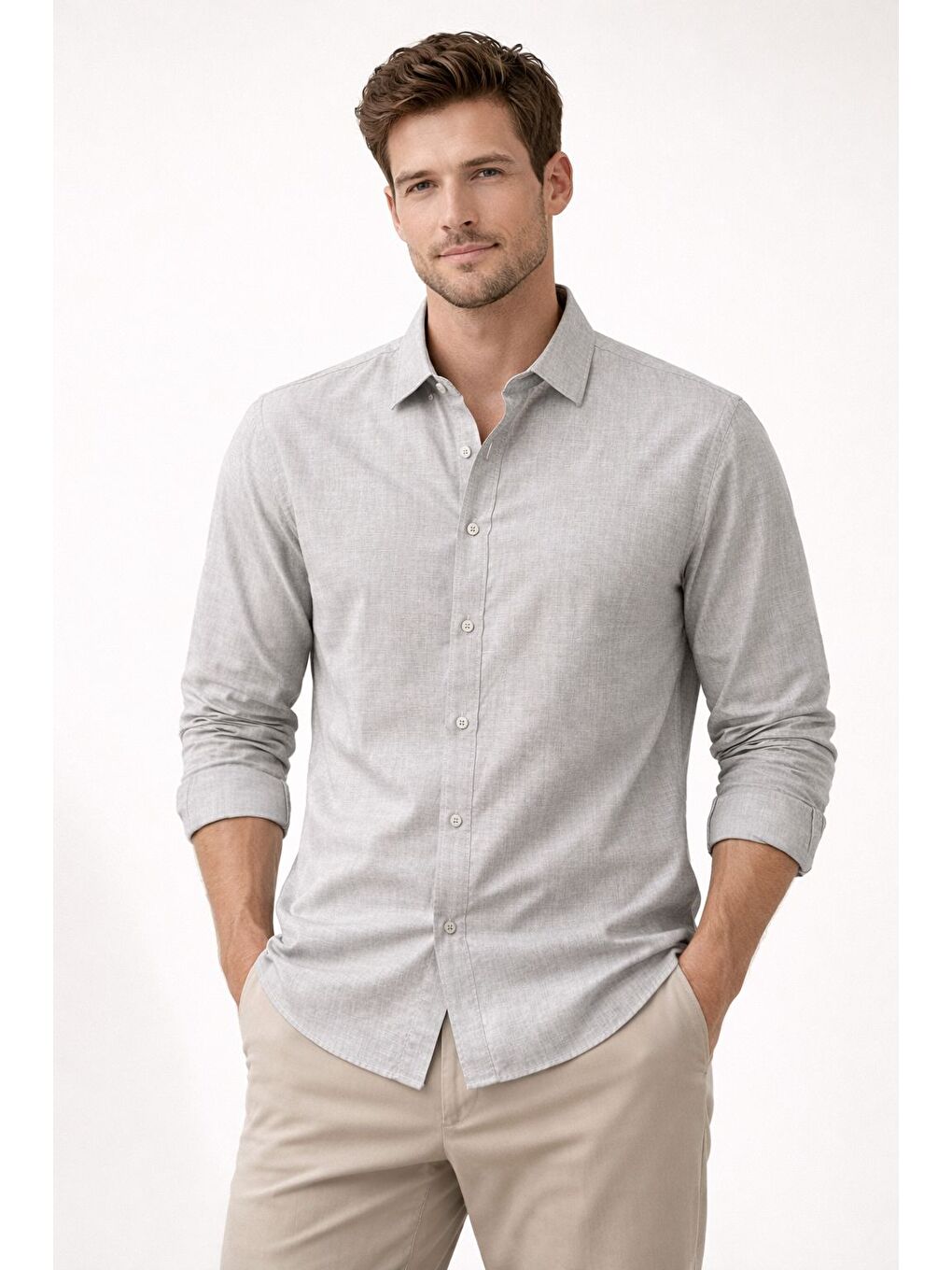 Premium Flamlı Pamuklu Keten Görünümlü Erkek Gömlek Bej