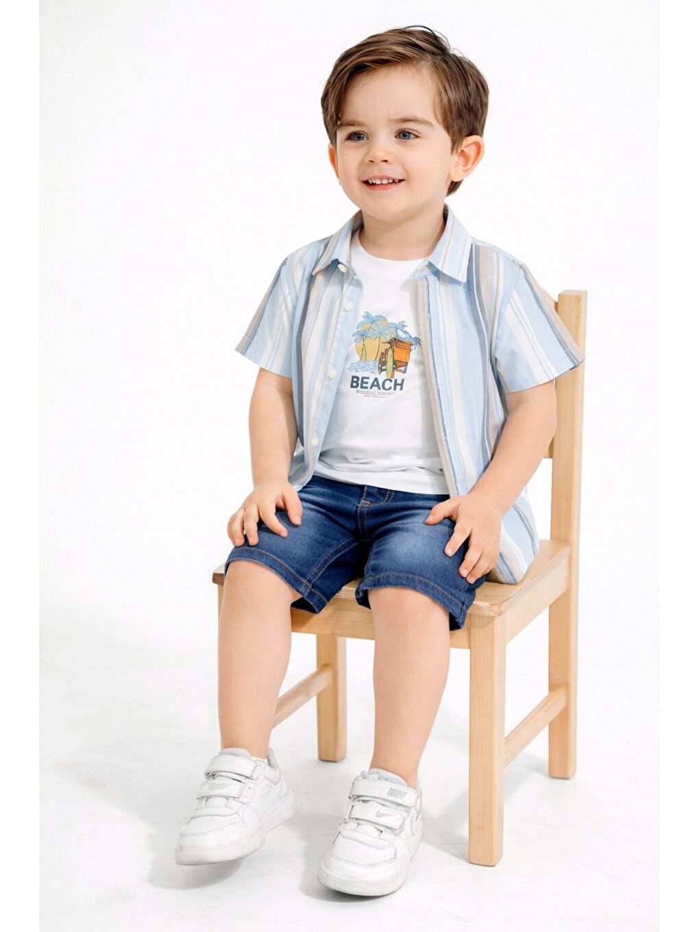 Mavi Tarz Gömlekli Çizgili Belden Ayarlanabilir Kısa Kollu Şortlu 3'lü Takım Çocuk ve Bebek Giyim Öz-2