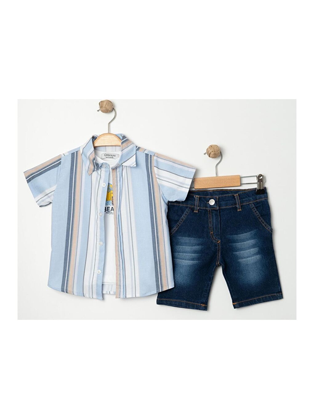 Mavi Tarz Gömlekli Çizgili Belden Ayarlanabilir Kısa Kollu Şortlu 3'lü Takım Çocuk ve Bebek Giyim Öz-3