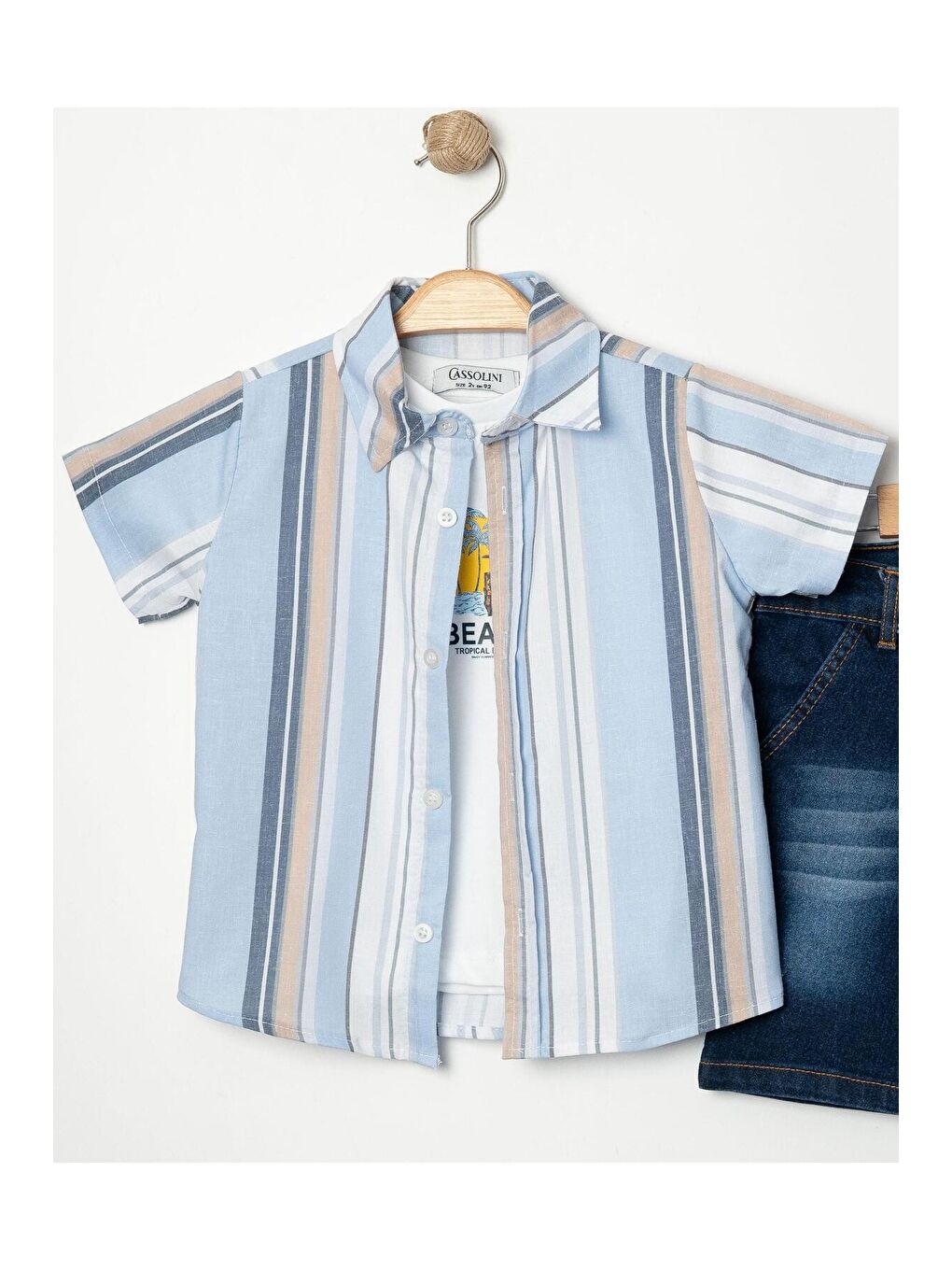 Mavi Tarz Gömlekli Çizgili Belden Ayarlanabilir Kısa Kollu Şortlu 3'lü Takım Çocuk ve Bebek Giyim Öz-4