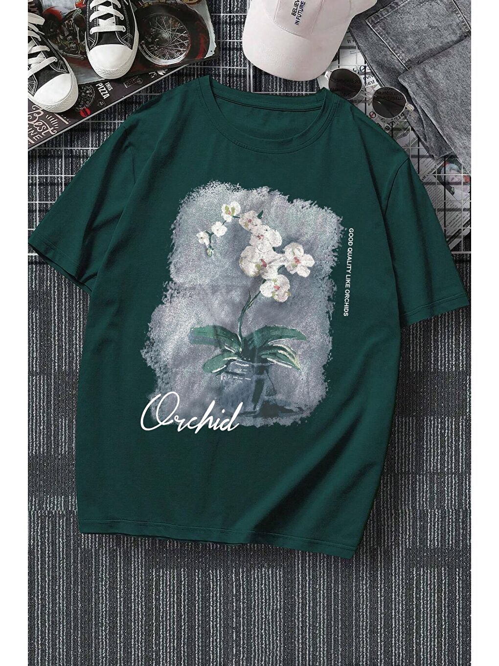 uyguntarz Yeşil Unisex Orchid Baskılı Oversize Tshirt