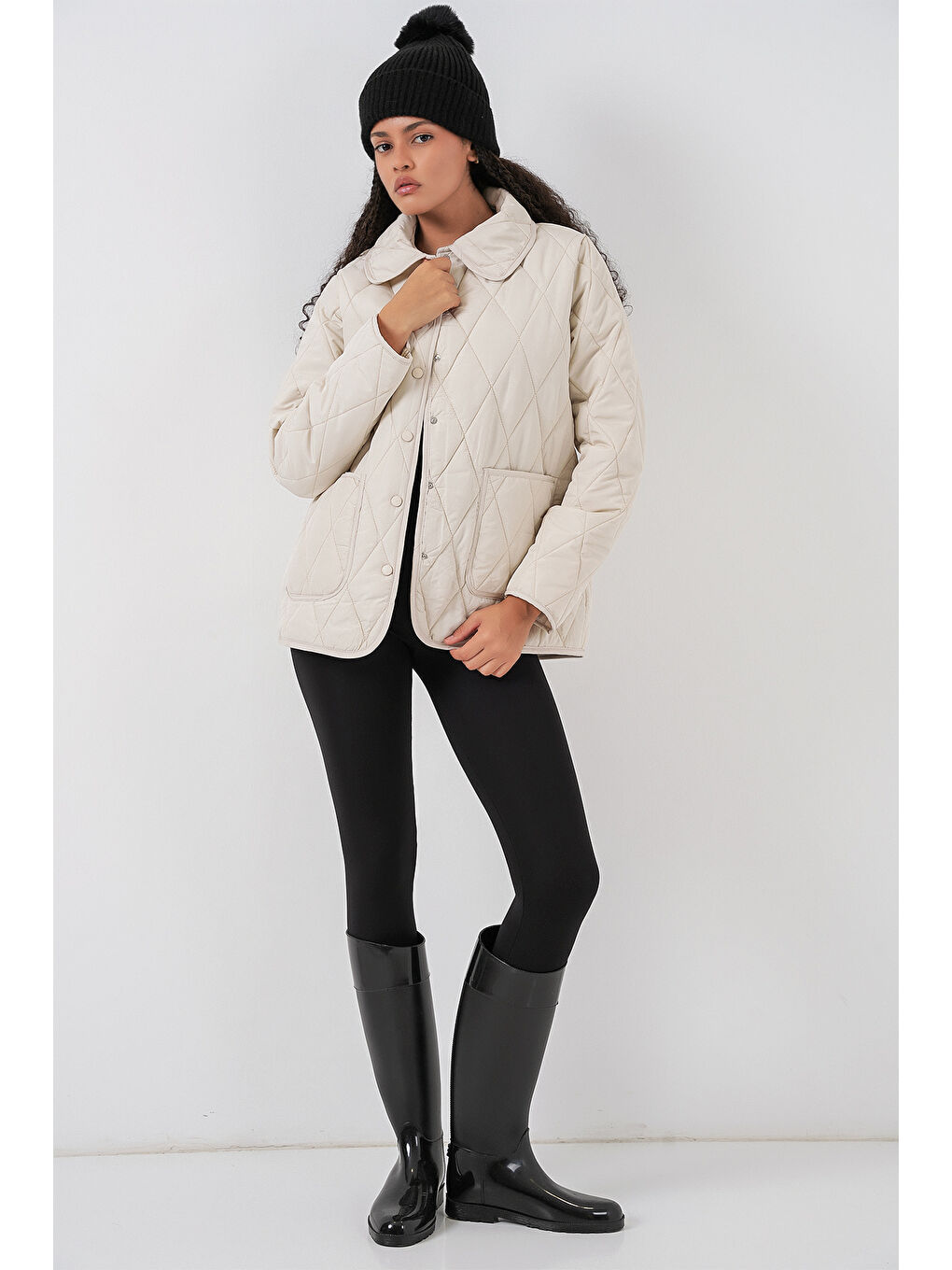 Kadın Kapitone Oversize Mont 5226 - Ekru-1