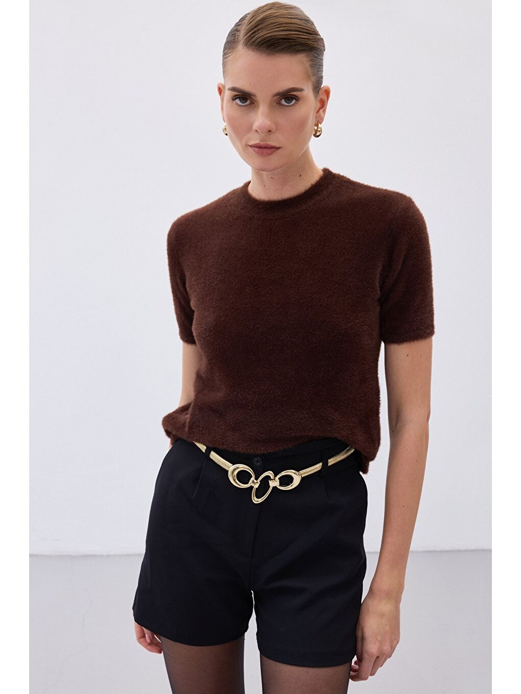 Kahverengi Sakallı Kısa Kol Triko - Kahve