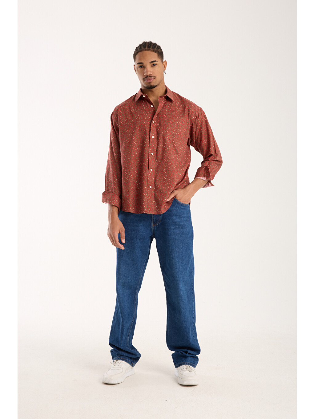 Rio Poplin Pamuklu Oversize Fit Kırmızı Klasik Yaka Erkek Baskılı Gömlek-2