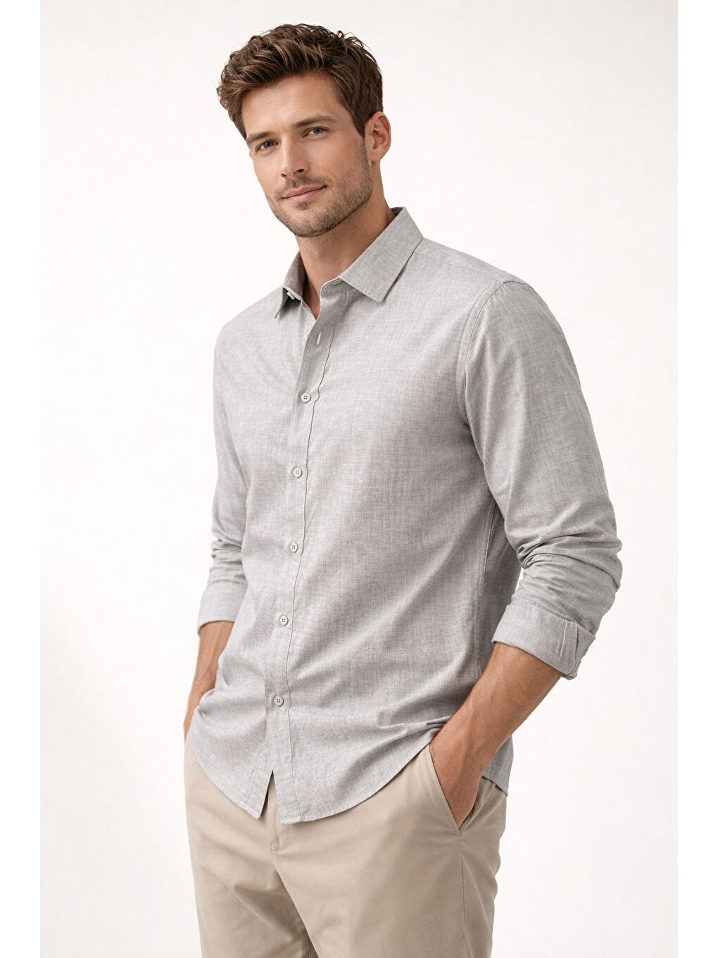 Premium Flamlı Pamuklu Keten Görünümlü Erkek Gömlek Bej-1