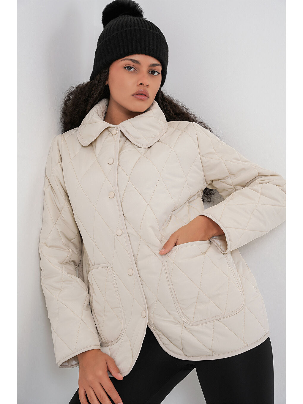 Kadın Kapitone Oversize Mont 5226 - Ekru-2