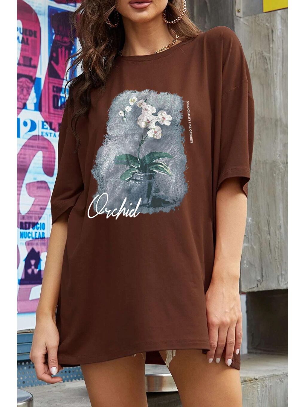 uyguntarz Açık Kahverengi Unisex Orchid Baskılı Oversize Tshirt