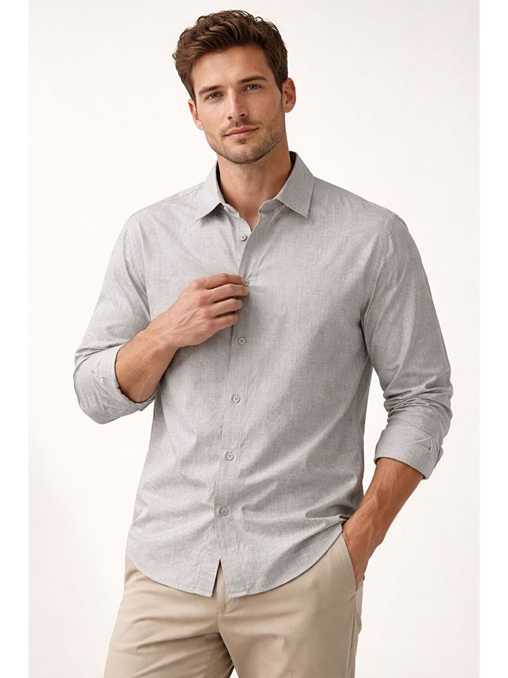 Premium Flamlı Pamuklu Keten Görünümlü Erkek Gömlek Bej-2