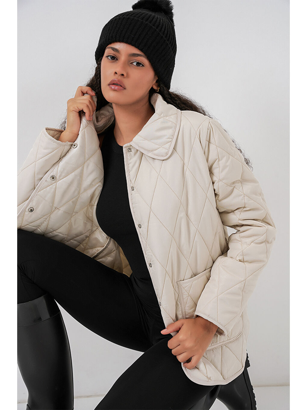 Kadın Kapitone Oversize Mont 5226 - Ekru-3