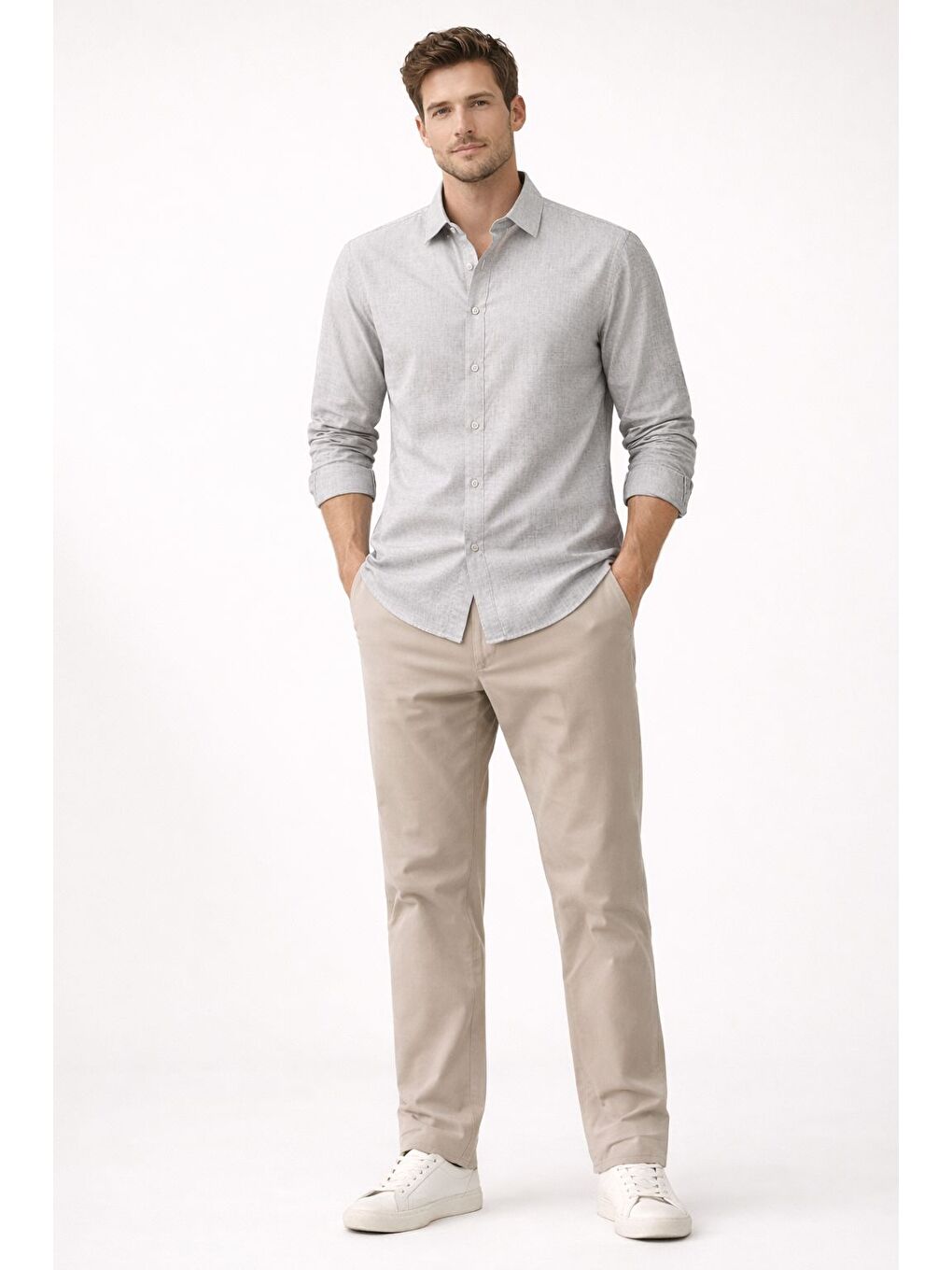 Premium Flamlı Pamuklu Keten Görünümlü Erkek Gömlek Bej-4