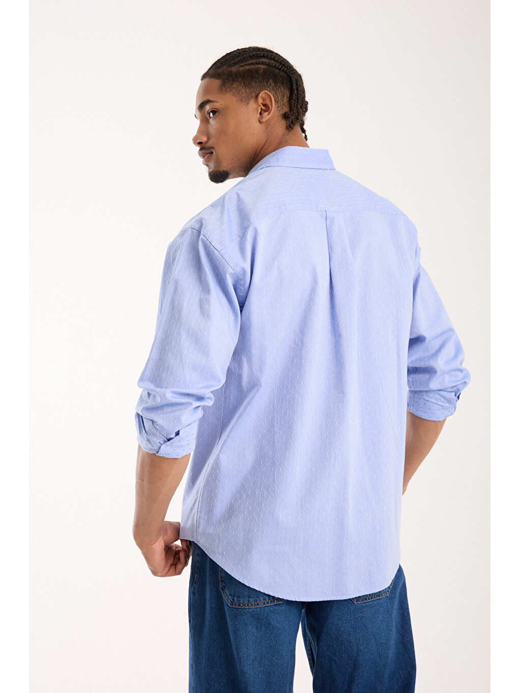 Rio Armür Pamuklu Oversize Fit Mavi Klasik Yaka Erkek Desenli Gömlek-4