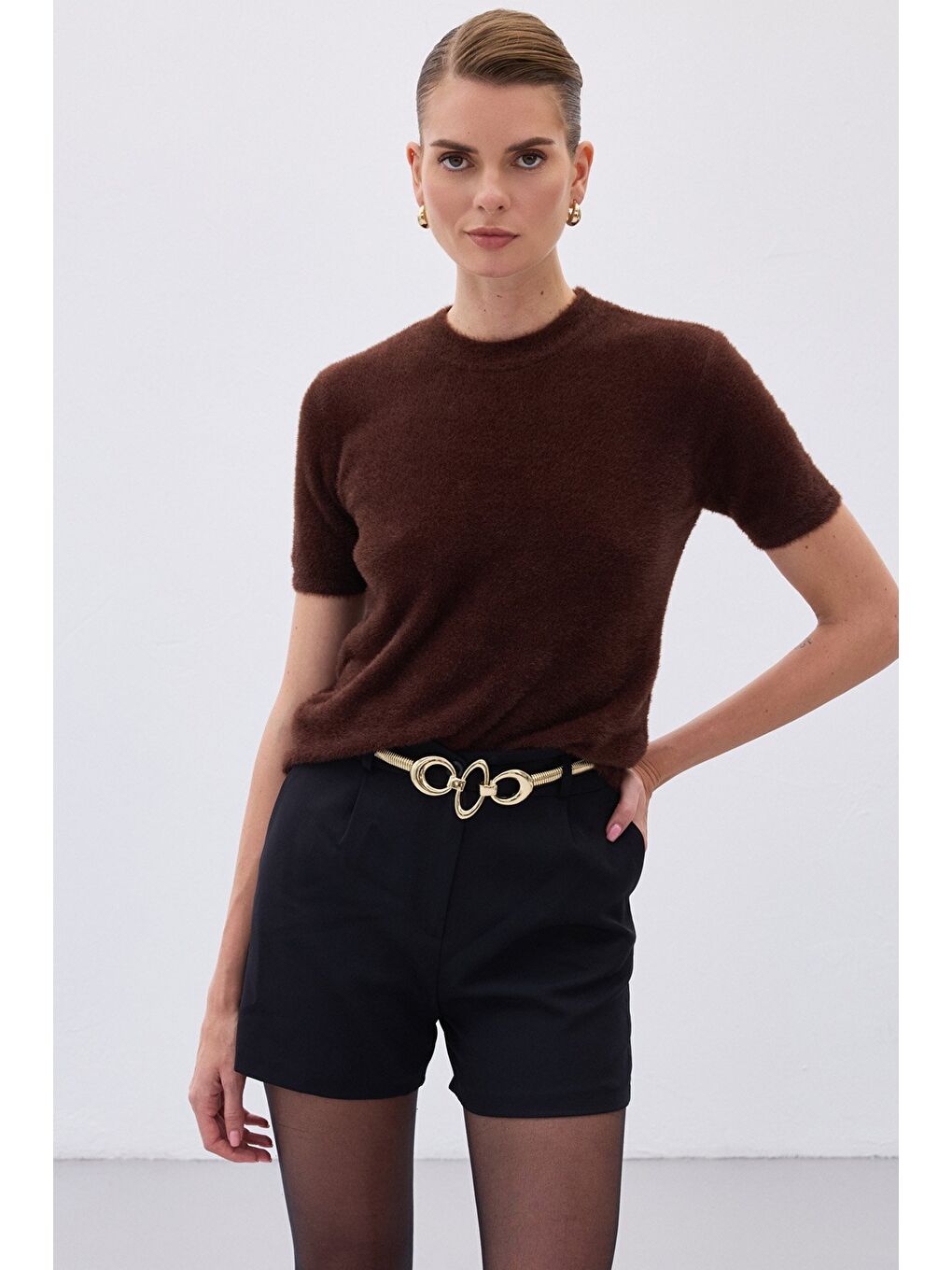 Kahverengi Sakallı Kısa Kol Triko - Kahve-2