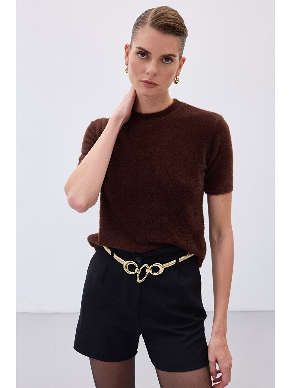 Kahverengi Sakallı Kısa Kol Triko - Kahve-3