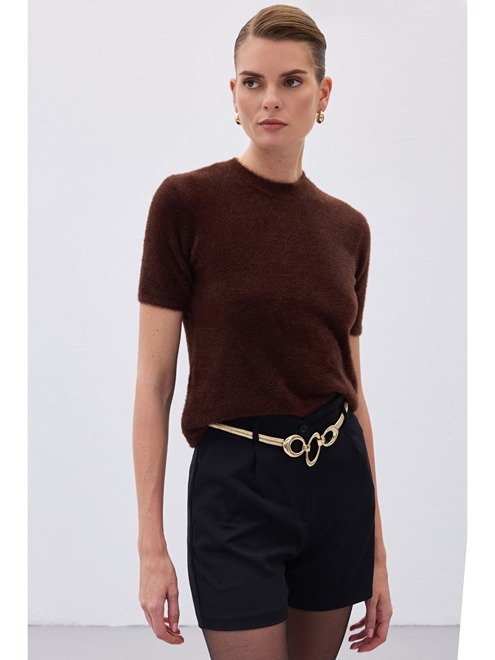 Kahverengi Sakallı Kısa Kol Triko - Kahve-4