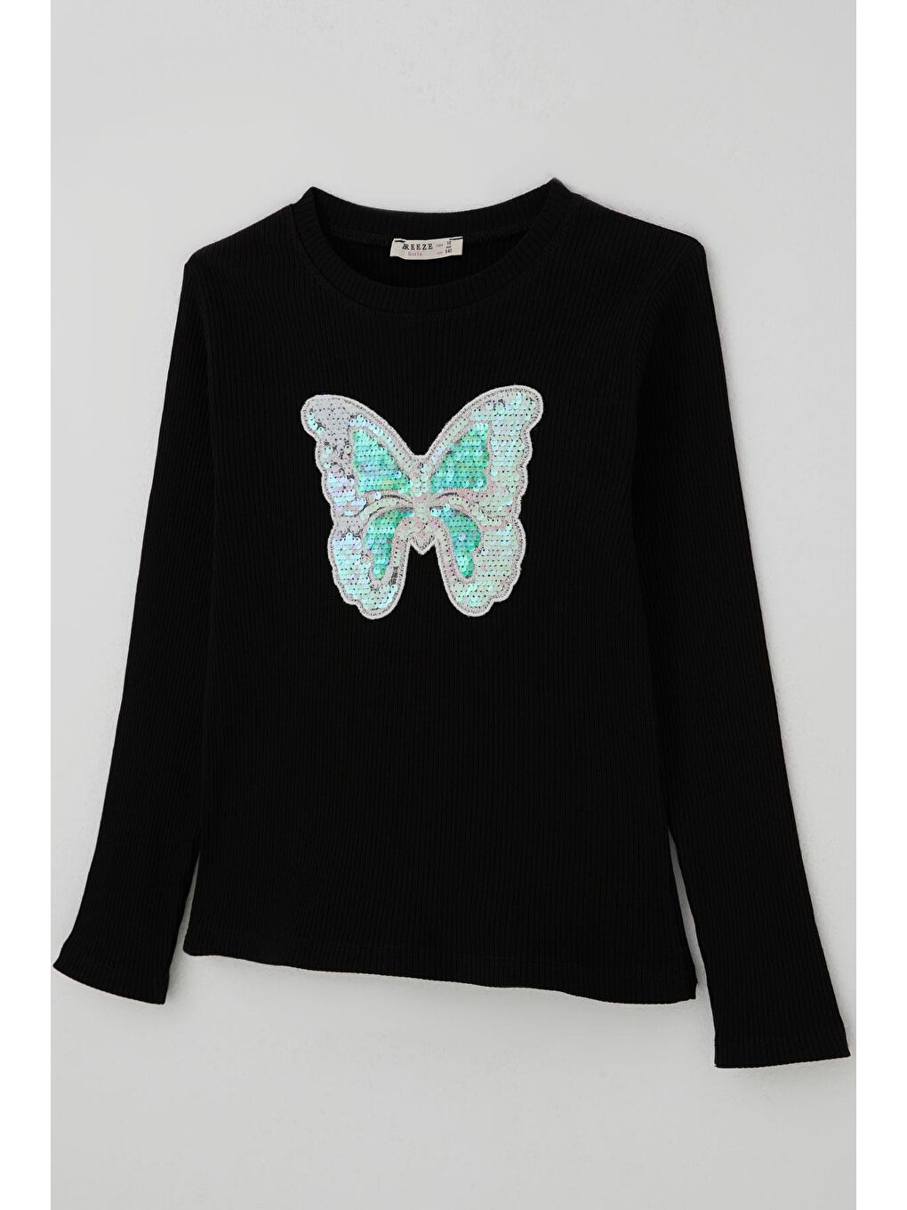 Kız Çocuk Uzun Kollu Tişört Pul İşlemeli Kelebek Armallı Siyah (9-14 Yaş)-2