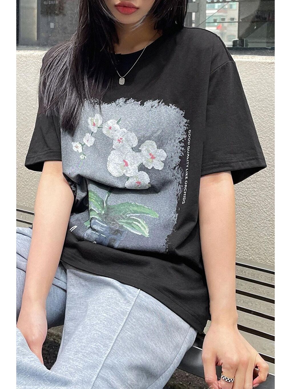 uyguntarz Siyah Unisex Orchid Baskılı Oversize Tshirt - 1