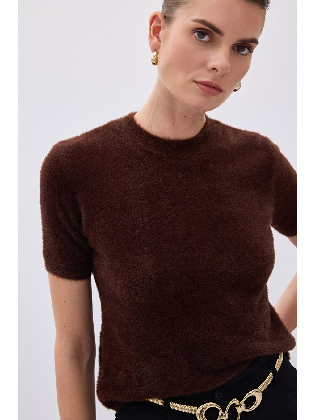 Kahverengi Sakallı Kısa Kol Triko - Kahve-5