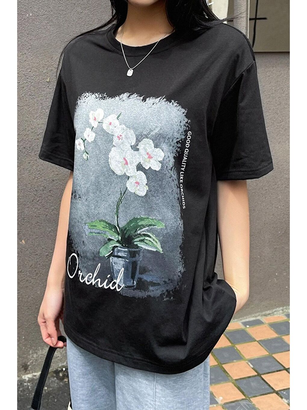 uyguntarz Siyah Unisex Orchid Baskılı Oversize Tshirt - 2