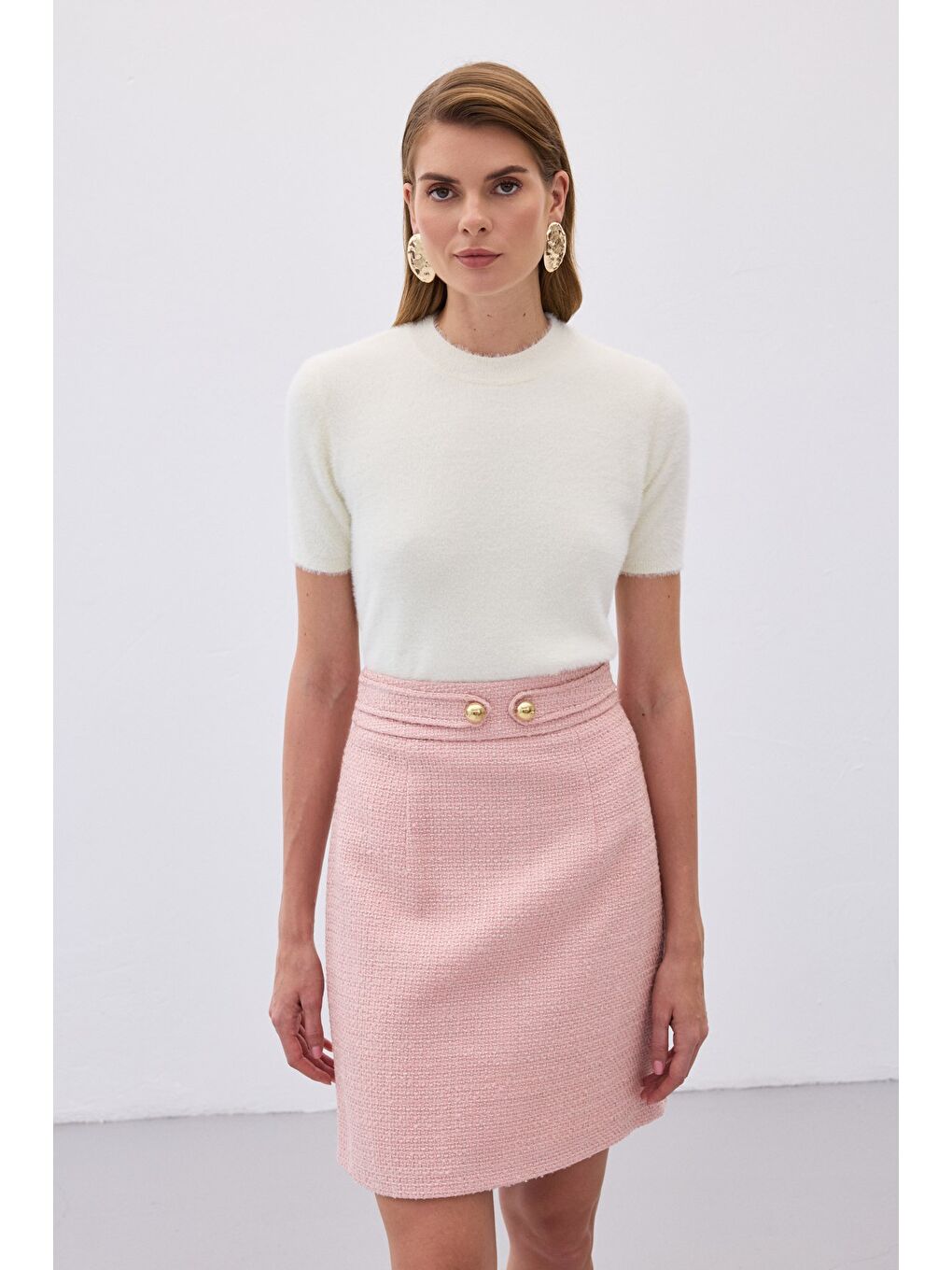 Sakallı Kısa Kol Triko - Ekru-1