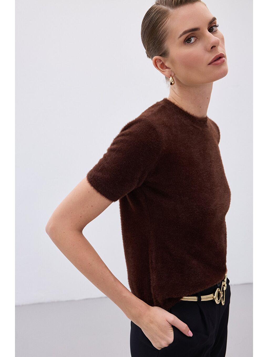 Kahverengi Sakallı Kısa Kol Triko - Kahve-6