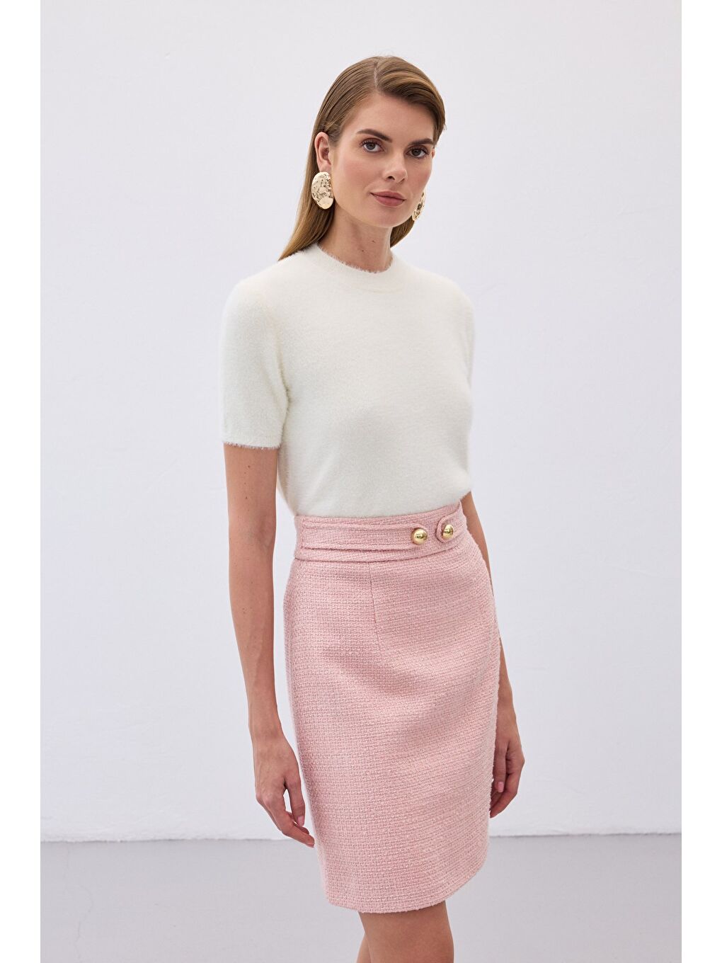 Sakallı Kısa Kol Triko - Ekru-2