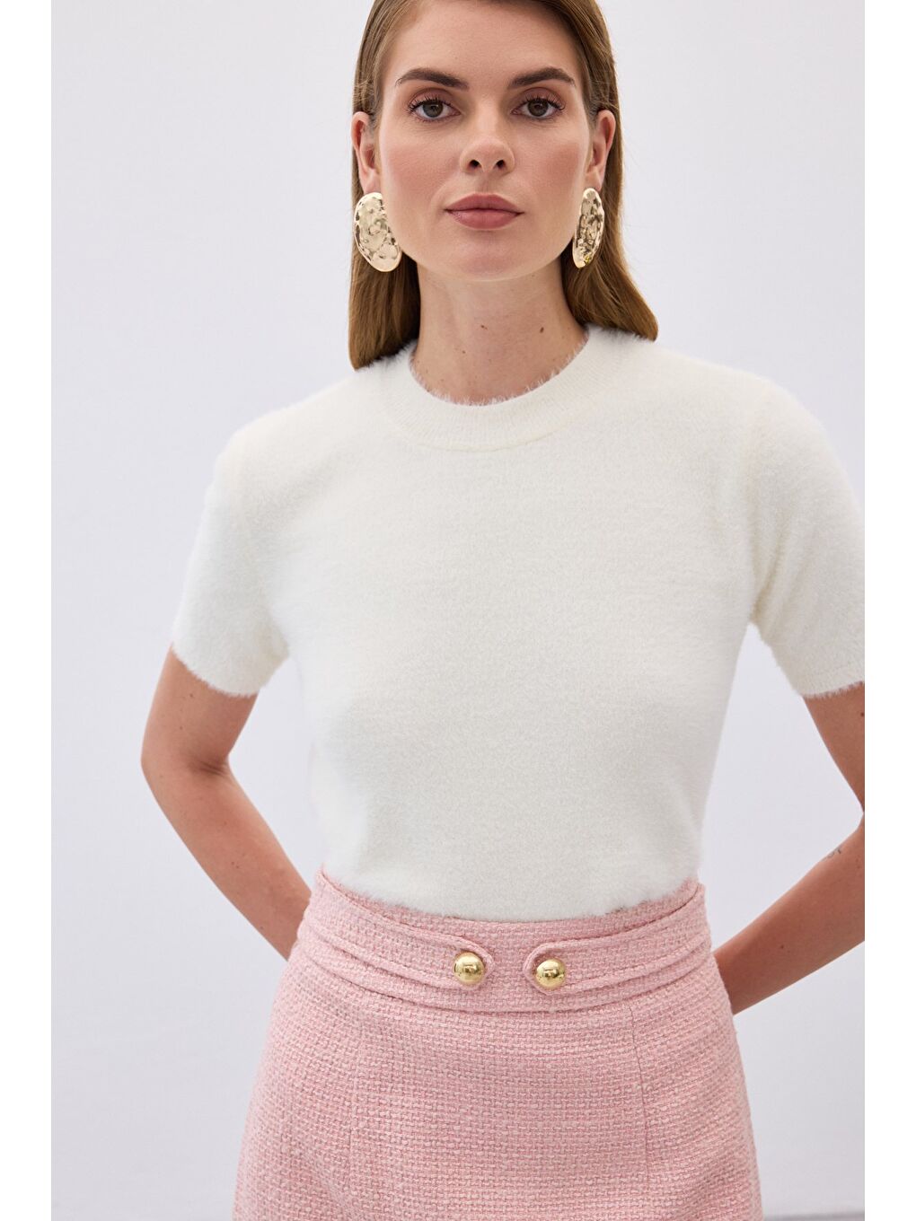 Sakallı Kısa Kol Triko - Ekru-3