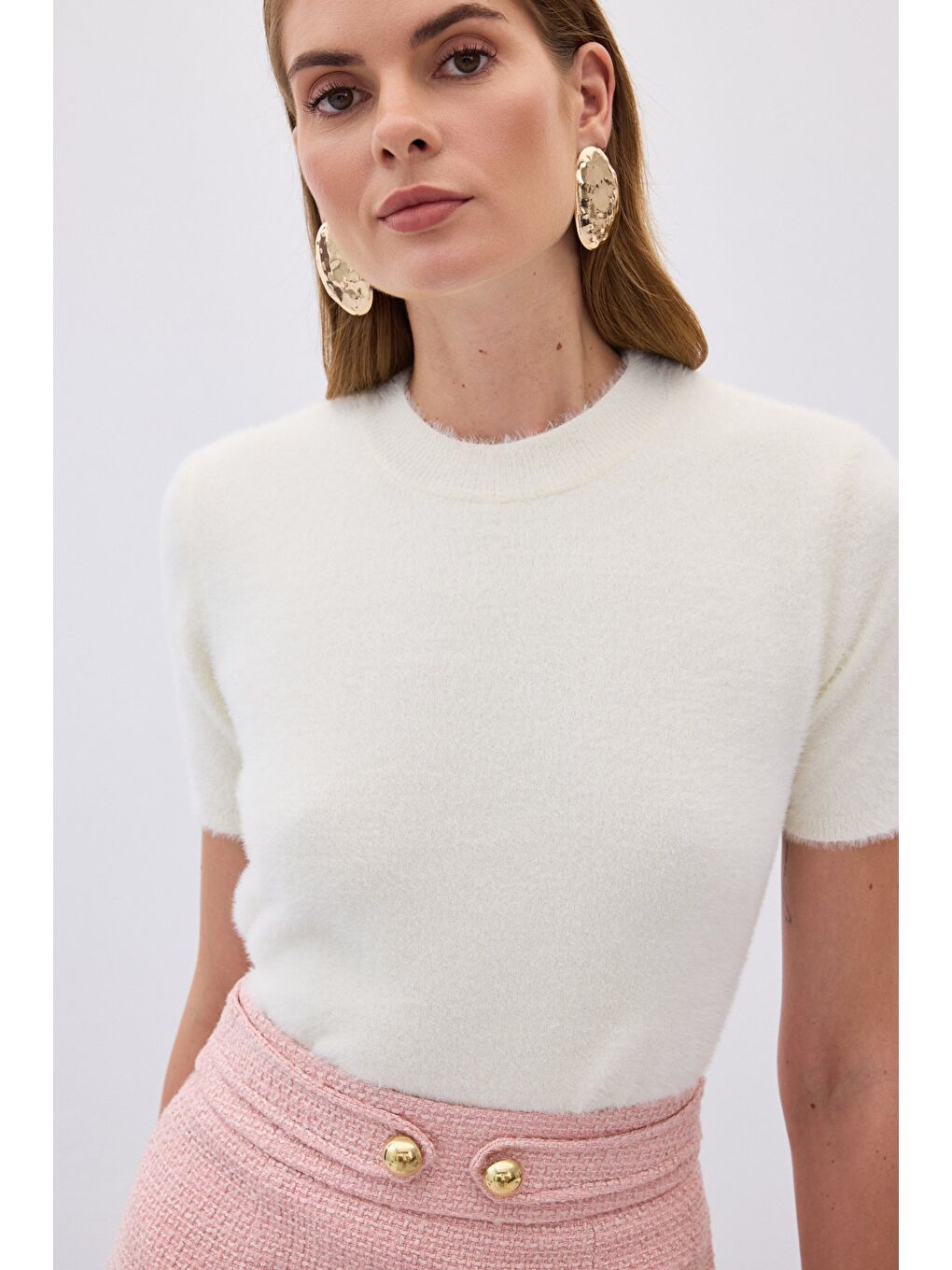 Sakallı Kısa Kol Triko - Ekru-4