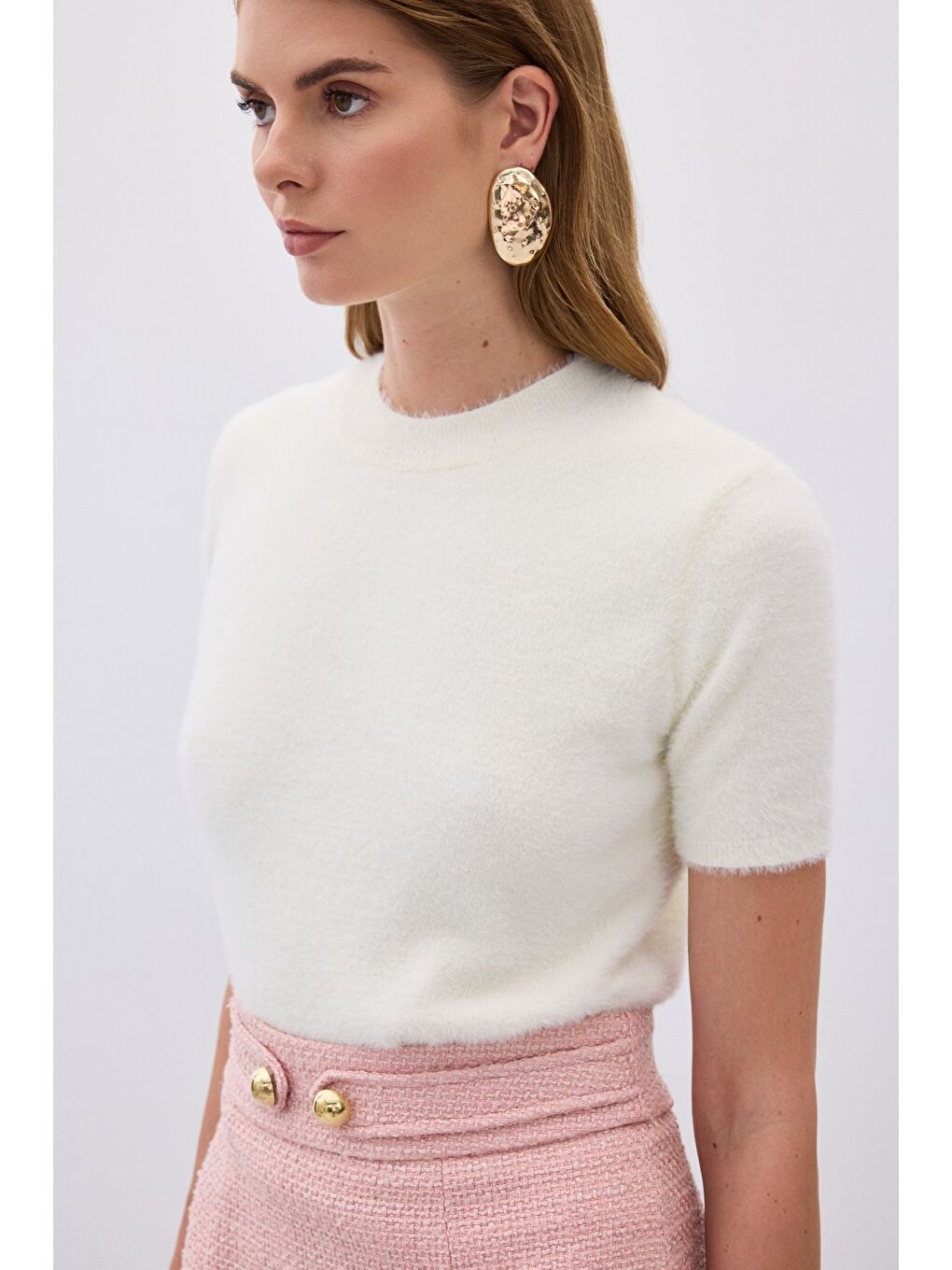 Sakallı Kısa Kol Triko - Ekru-5