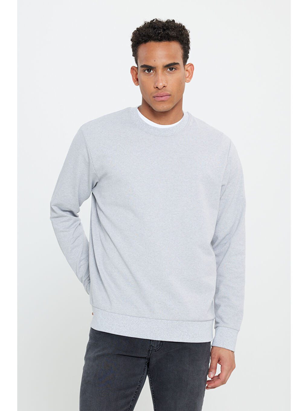 Erkek Siyah-Gri Melanj 2'li Paket Pamuklu Standart Fit Normal Kesim Bisiklet Yaka Sweatshirt-2