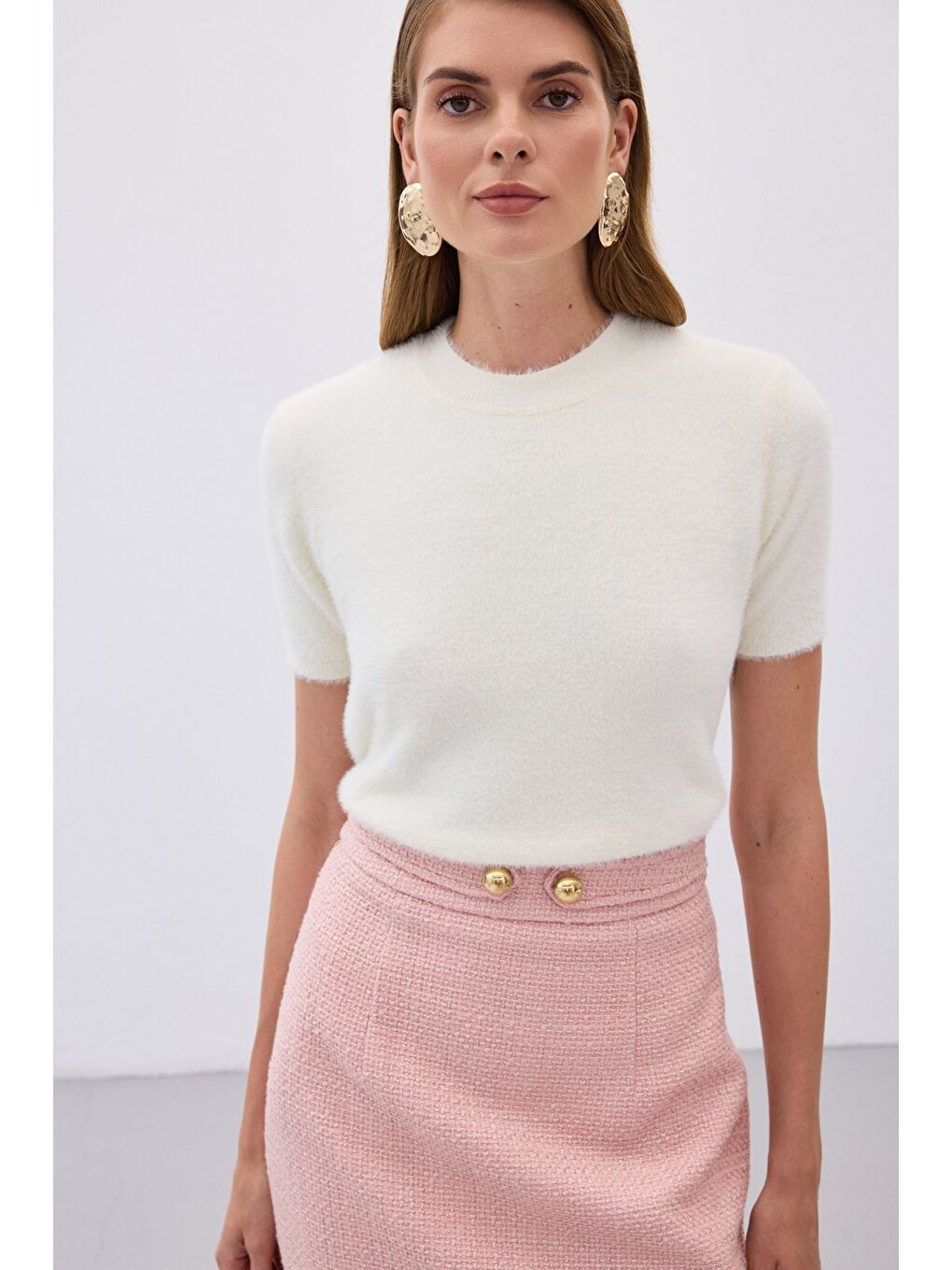 Sakallı Kısa Kol Triko - Ekru-6