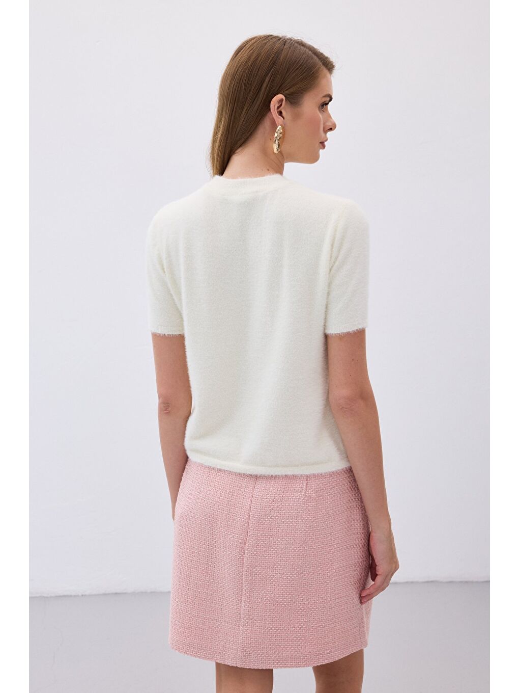 Sakallı Kısa Kol Triko - Ekru-7
