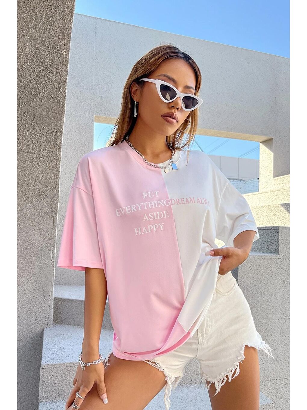 uyguntarz Pembe Unisex Everything Baskılı Oversize Tshirt