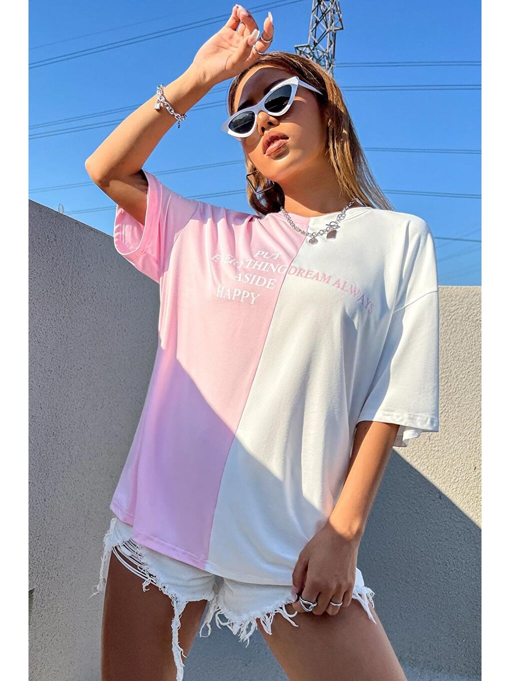 uyguntarz Pembe Unisex Everything Baskılı Oversize Tshirt - 1