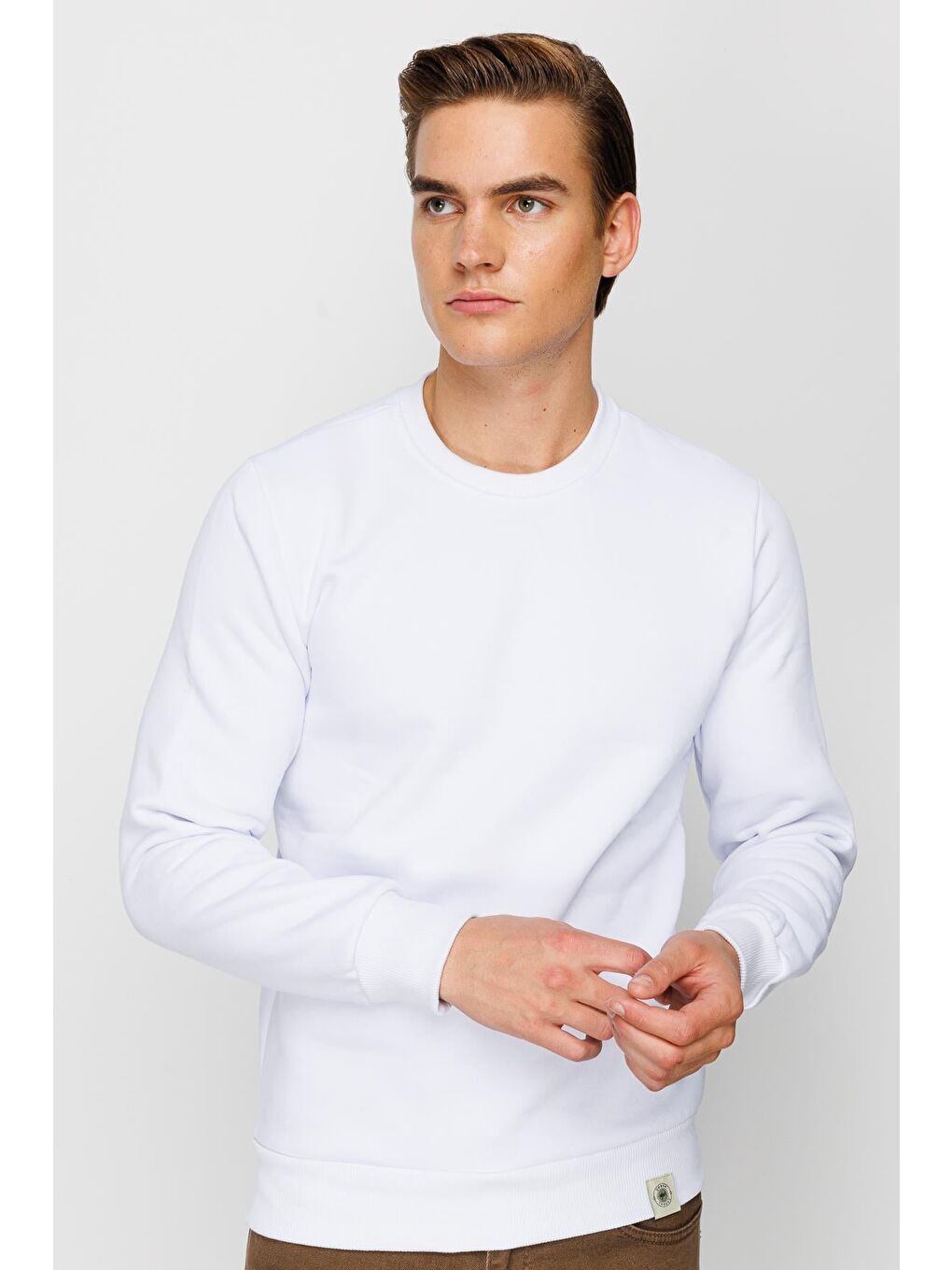 Erkek Beyaz Bisiklet Yaka Sweatshirt