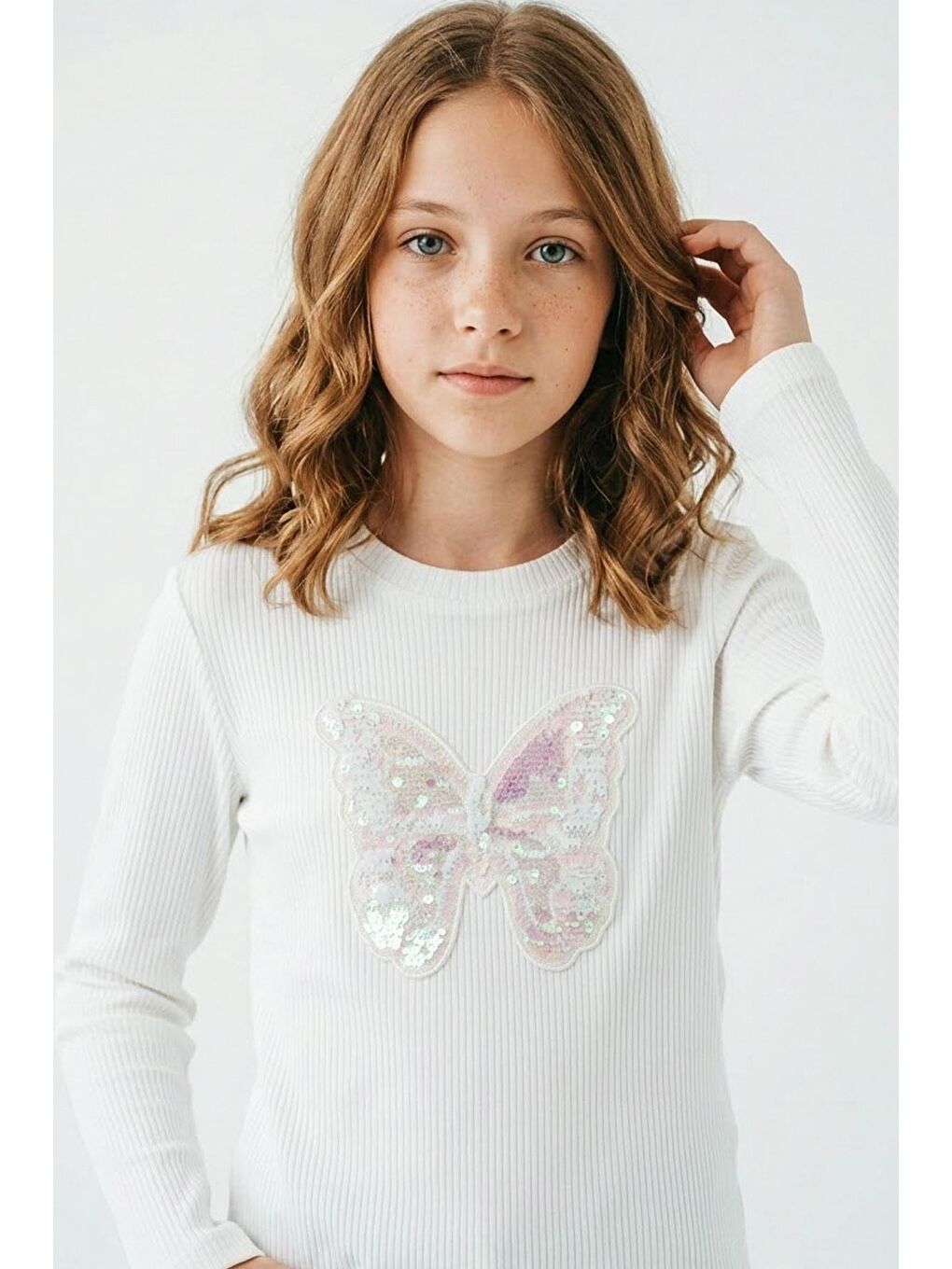 Kız Çocuk Uzun Kollu Tişört Pul İşlemeli Kelebek Armallı Ekru (9-14 Yaş)-1