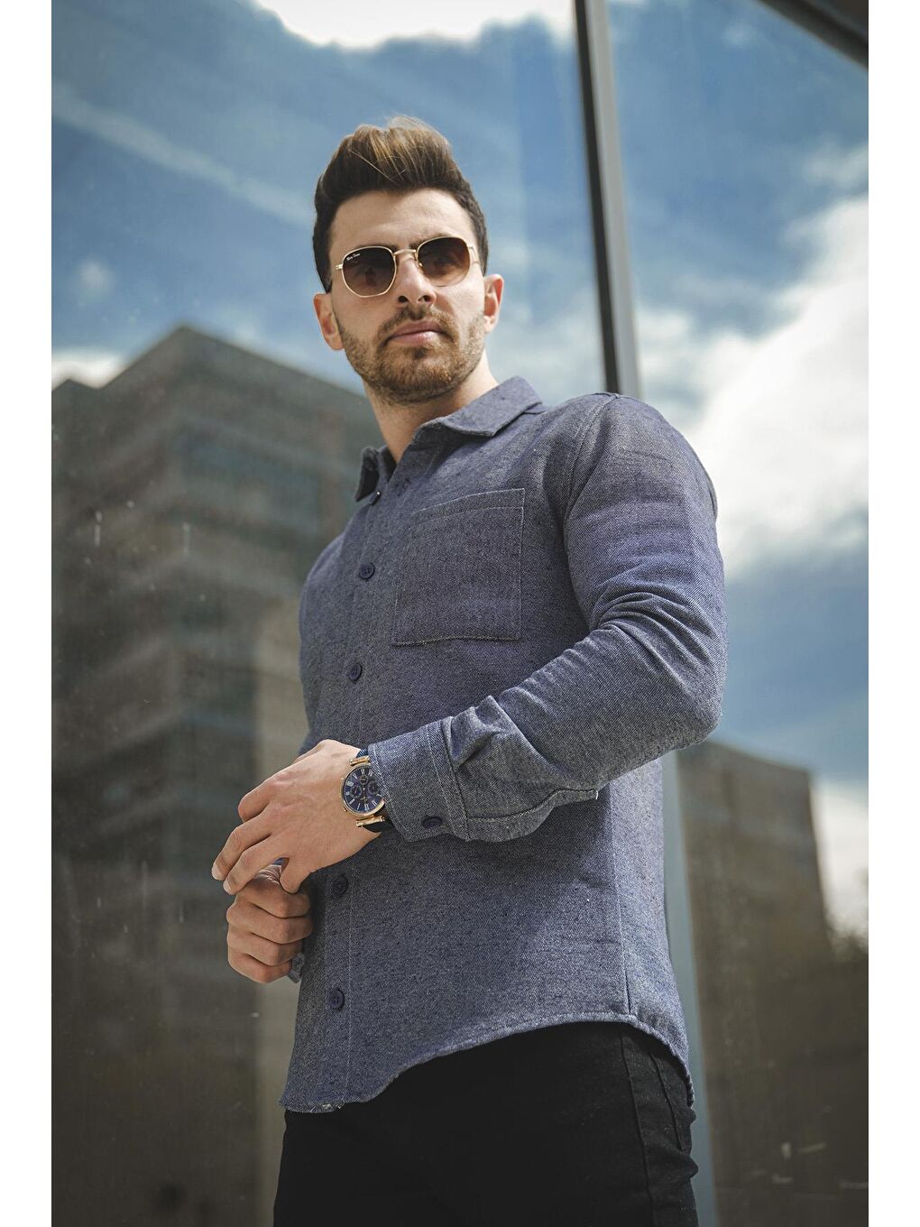 Lacivert Slim Fit Tek Cep Kışlık Oxford Erkek Gömlek