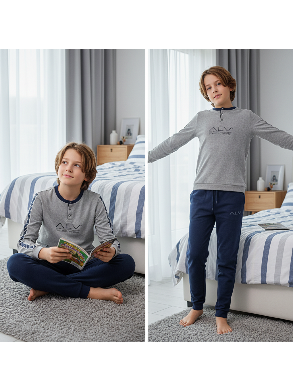 Genç Erkek Pamuklu Gri Melanj - Lacivert Renk Pijama Takımı Al003 V2 Bb2435-1