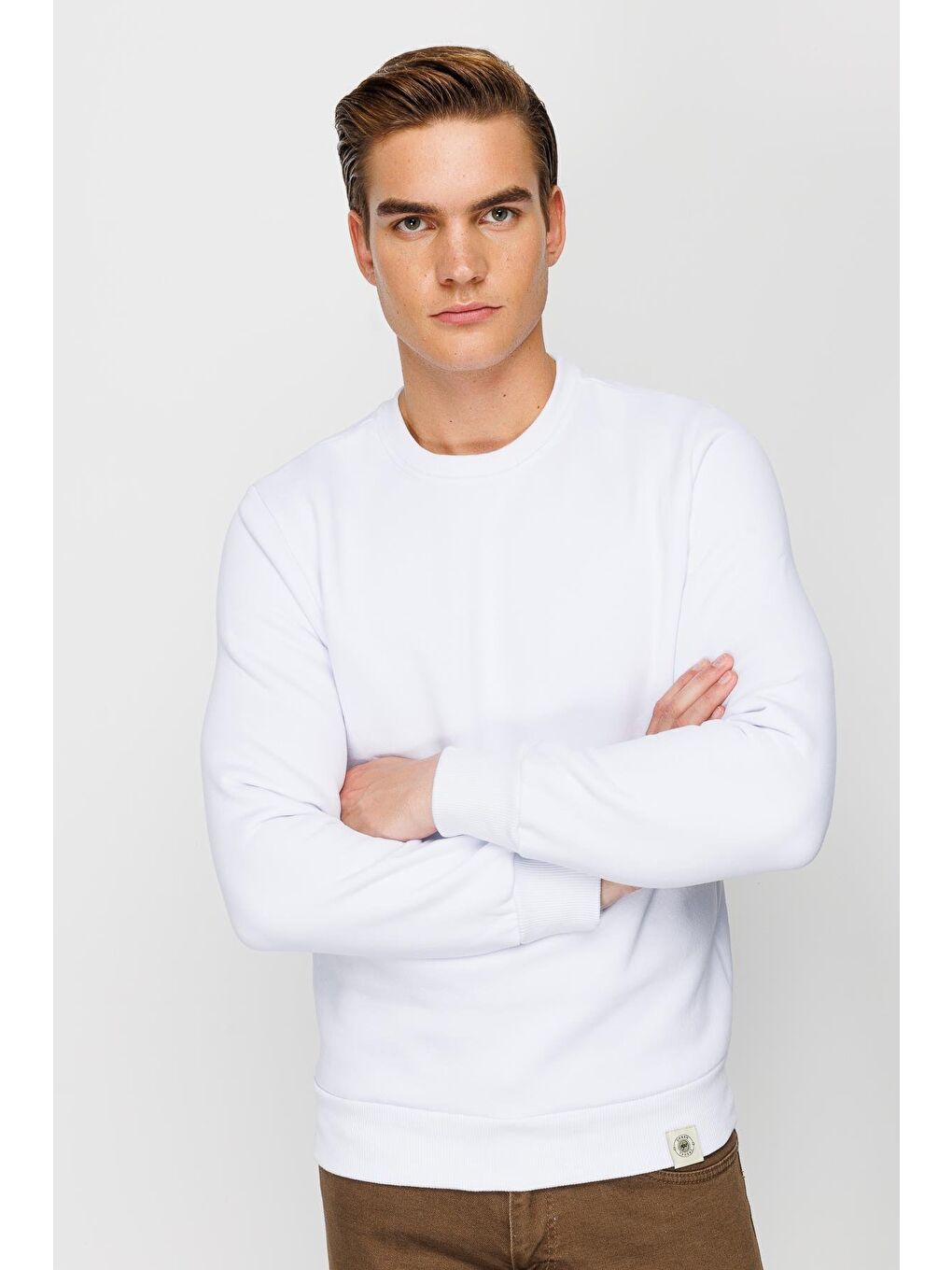 Erkek Beyaz Bisiklet Yaka Sweatshirt-1